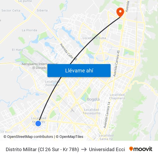 Distrito Militar (Cl 26 Sur - Kr 78h) to Universidad Ecci map