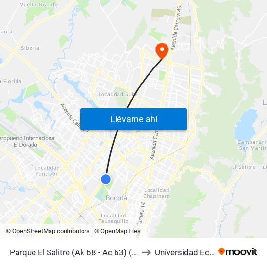 Parque El Salitre (Ak 68 - Ac 63) (A) to Universidad Ecci map