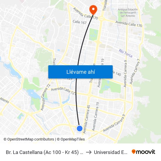 Br. La Castellana (Ac 100 - Kr 45) (A) to Universidad Ecci map