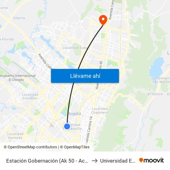 Estación Gobernación (Ak 50 - Ac 26) to Universidad Ecci map
