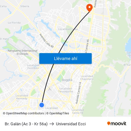 Br. Galán (Ac 3 - Kr 56a) to Universidad Ecci map