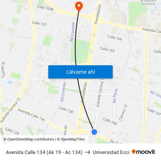 Avenida Calle 134 (Ak 19 - Ac 134) to Universidad Ecci map