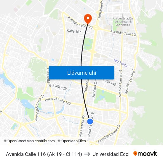 Avenida Calle 116 (Ak 19 - Cl 114) to Universidad Ecci map
