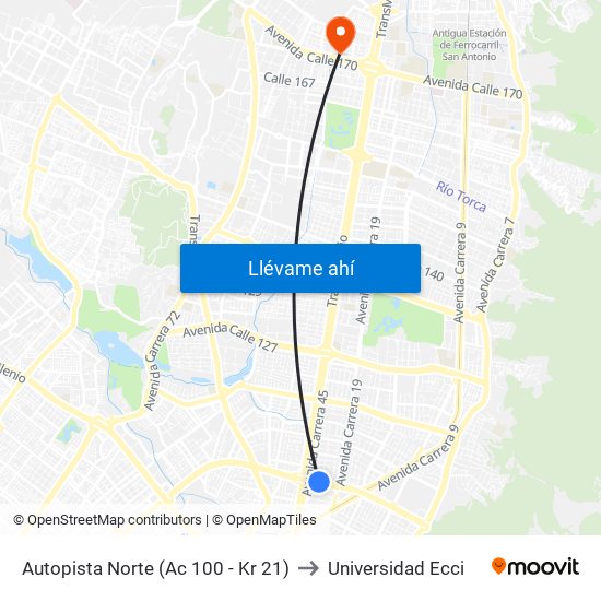 Autopista Norte (Ac 100 - Kr 21) to Universidad Ecci map