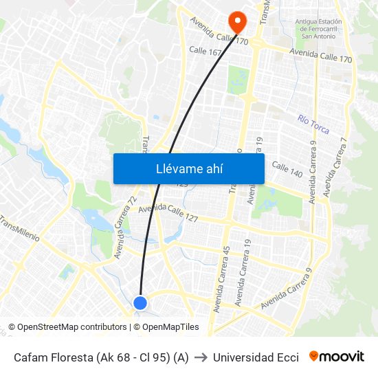 Cafam Floresta (Ak 68 - Cl 95) (A) to Universidad Ecci map