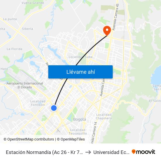 Estación Normandía (Ac 26 - Kr 74) to Universidad Ecci map