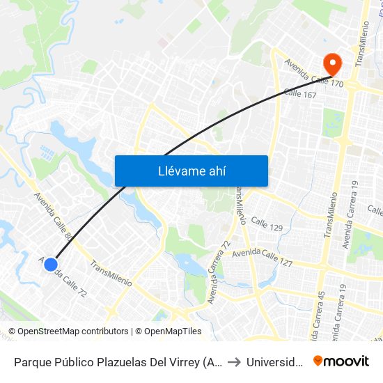 Parque Público Plazuelas Del Virrey (Ac 72 - Kr 105h) (A) to Universidad Ecci map