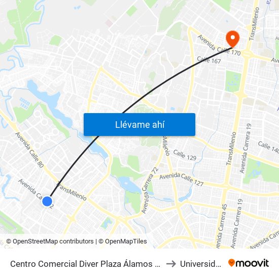 Centro Comercial Diver Plaza Álamos (Ac 72 - Kr 96a) (A) to Universidad Ecci map