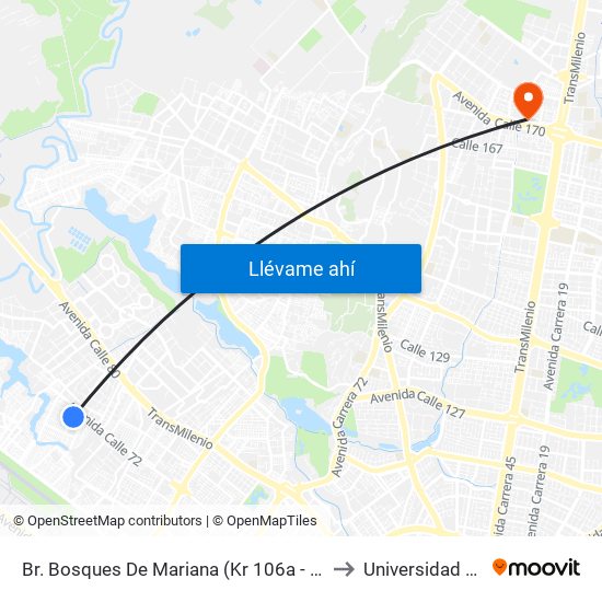 Br. Bosques De Mariana (Kr 106a - Cl 70f) to Universidad Ecci map