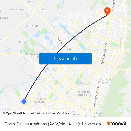 Portal De Las Américas (Av. V/cio - Av. C. De Cali) to Universidad Ecci map