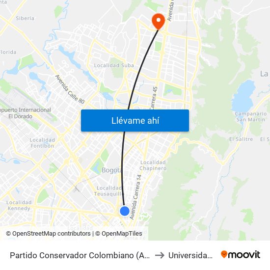 Partido Conservador Colombiano (Ak 24 - Cl 39) to Universidad Ecci map