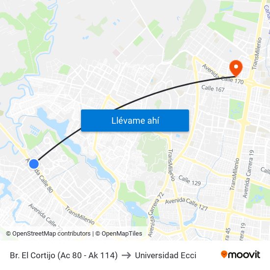 Br. El Cortijo (Ac 80 - Ak 114) to Universidad Ecci map
