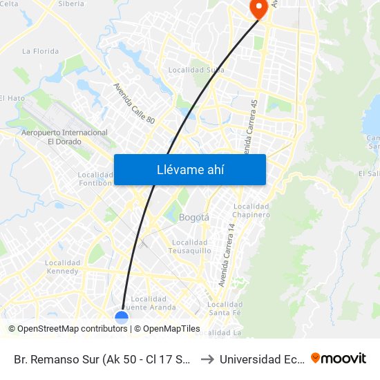 Br. Remanso Sur (Ak 50 - Cl 17 Sur) to Universidad Ecci map