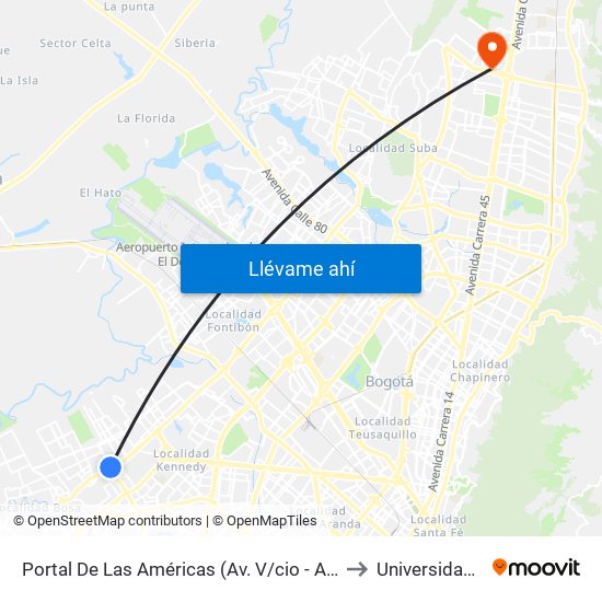 Portal De Las Américas (Av. V/cio - Av. C. De Cali) to Universidad Ecci map