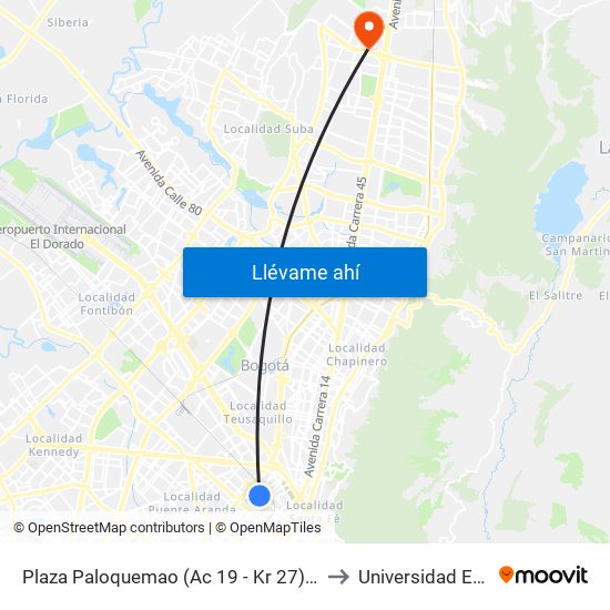 Plaza Paloquemao (Ac 19 - Kr 27) (A) to Universidad Ecci map