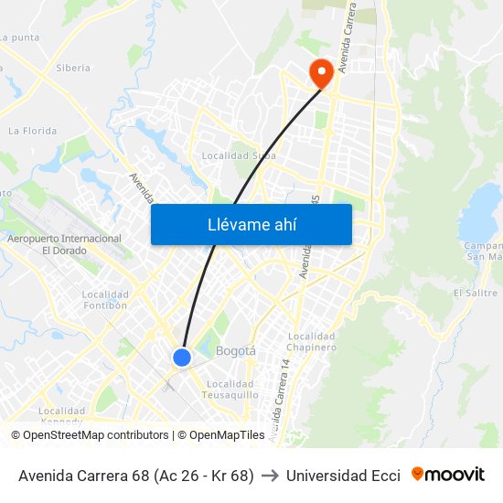 Avenida Carrera 68 (Ac 26 - Kr 68) to Universidad Ecci map