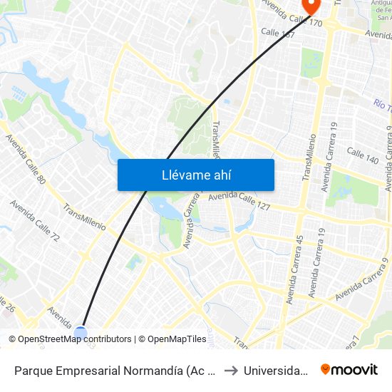 Parque Empresarial Normandía (Ac 63 - Kr 73a) to Universidad Ecci map