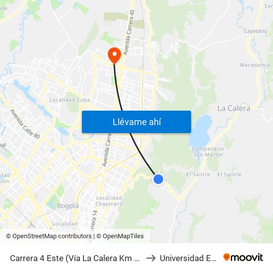 Carrera 4 Este (Vía La Calera Km 4,5) to Universidad Ecci map