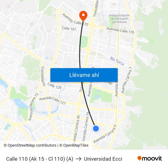 Calle 110 (Ak 15 - Cl 110) (A) to Universidad Ecci map