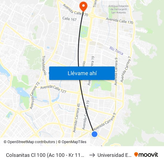 Colsanitas Cl 100 (Ac 100 - Kr 11b) (A) to Universidad Ecci map