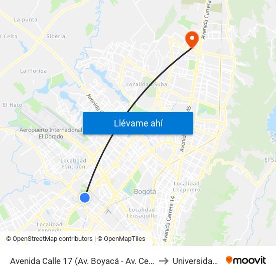 Avenida Calle 17 (Av. Boyacá - Av. Centenario) (A) to Universidad Ecci map