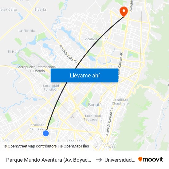 Parque Mundo Aventura (Av. Boyacá - Cl 2) (A) to Universidad Ecci map
