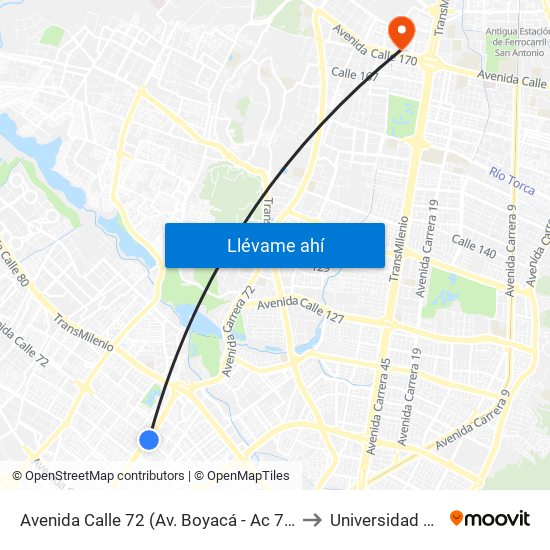 Avenida Calle 72 (Av. Boyacá - Ac 72) (A) to Universidad Ecci map