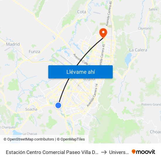 Estación Centro Comercial Paseo Villa Del Río - Madelena (Auto Sur - Kr 66a) to Universidad Ecci map