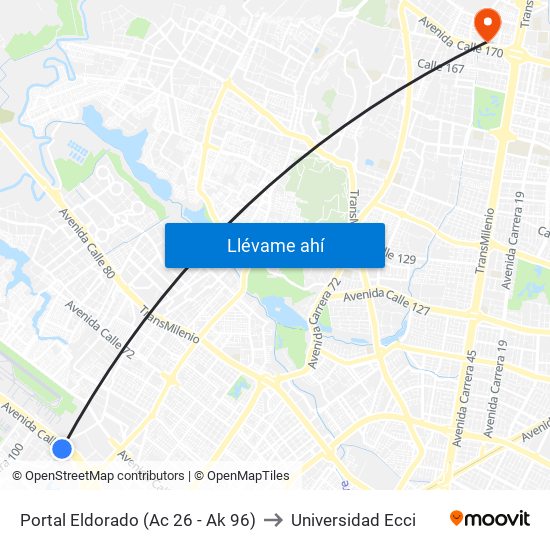 Portal Eldorado (Ac 26 - Ak 96) to Universidad Ecci map