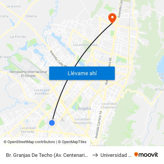 Br. Granjas De Techo (Av. Centenario - Kr 65) to Universidad Ecci map
