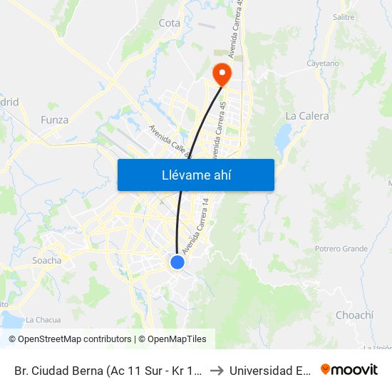 Br. Ciudad Berna (Ac 11 Sur - Kr 12c) to Universidad Ecci map