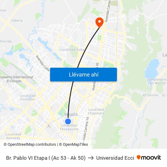 Br. Pablo VI Etapa I (Ac 53 - Ak 50) to Universidad Ecci map