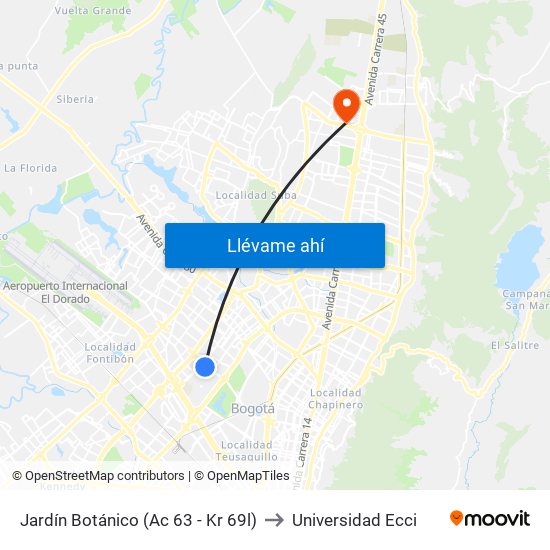 Jardín Botánico (Ac 63 - Kr 69l) to Universidad Ecci map