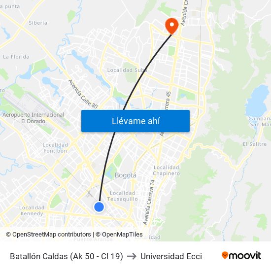 Batallón Caldas (Ak 50 - Cl 19) to Universidad Ecci map