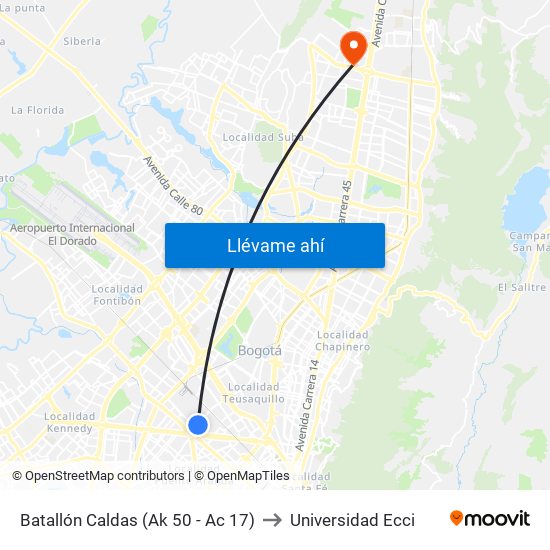 Batallón Caldas (Ak 50 - Ac 17) to Universidad Ecci map