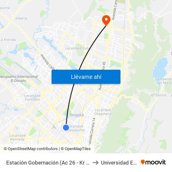 Estación Gobernación (Ac 26 - Kr 54) to Universidad Ecci map