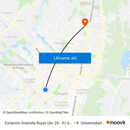 Estación Avenida Rojas (Ac 26 - Kr 69d Bis) (A) to Universidad Ecci map