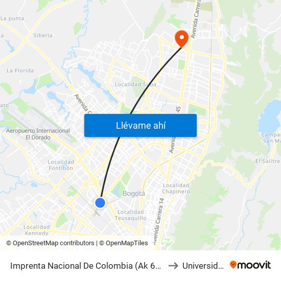 Imprenta Nacional De Colombia (Ak 68 - Av. Esperanza) (A) to Universidad Ecci map