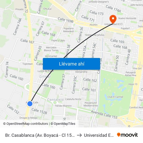 Br. Casablanca (Av. Boyacá - Cl 152b) to Universidad Ecci map