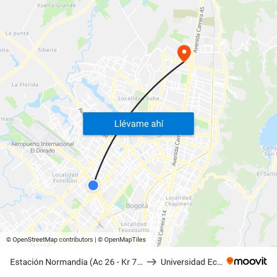 Estación Normandía (Ac 26 - Kr 74) to Universidad Ecci map