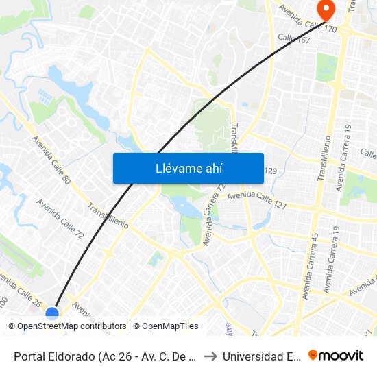 Portal Eldorado (Ac 26 - Av. C. De Cali) to Universidad Ecci map