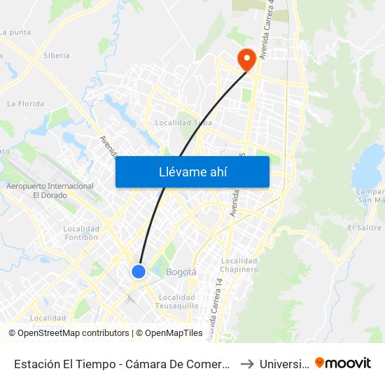 Estación El Tiempo - Cámara De Comercio De Bogotá (Ac 26 - Kr 68b Bis) to Universidad Ecci map