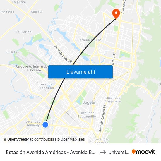Estación Avenida Américas - Avenida Boyacá (Av. Américas - Kr 71b) (A) to Universidad Ecci map