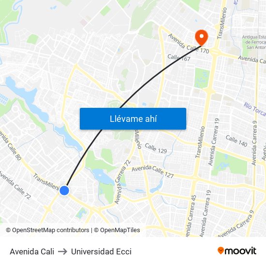 Avenida Cali to Universidad Ecci map