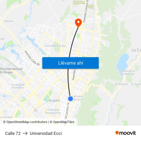 Calle 72 to Universidad Ecci map