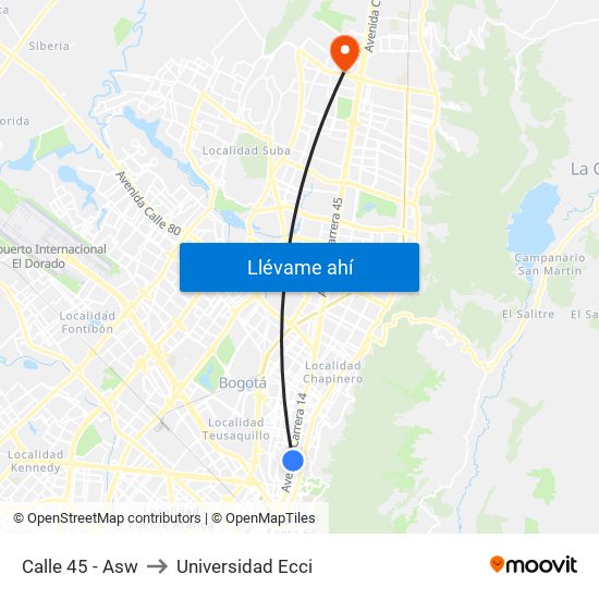 Calle 45 - Asw to Universidad Ecci map