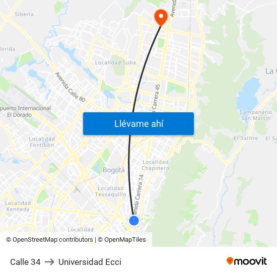 Calle 34 to Universidad Ecci map