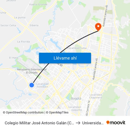 Colegio Militar José Antonio Galán (Cl 17 - Kr 103b) to Universidad Ecci map