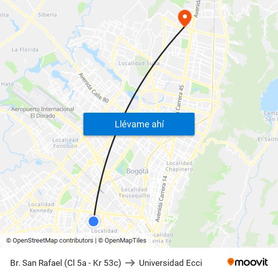 Br. San Rafael (Cl 5a - Kr 53c) to Universidad Ecci map