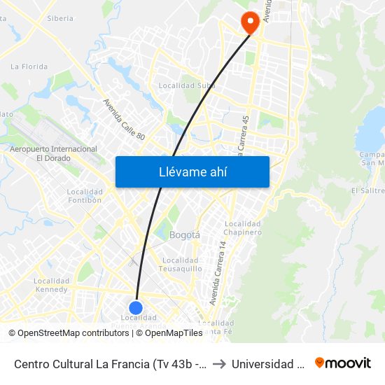 Centro Cultural La Francia (Tv 43b - Cl 5f) to Universidad Ecci map